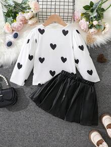 2pcs/Set Girls Fashion PU Leather Skirt Outfit, Streetwear Style Skirt + Heart Print Long Sleeve Top