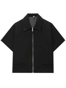 Women's Jackets Short Coats Cropped Short -Sleeved Jacket Outerwears Spring Summer Autumn Black White Brown Zip Up Jacket Women Top - 黑色 - 查看 5
