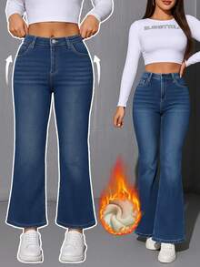 Damen Winter Warm Klassische Bootcut Jeans mit Whiskerring, bürotauglich und bequem für Reisen, Stretch Denim Hose - Blau - Übersicht 1