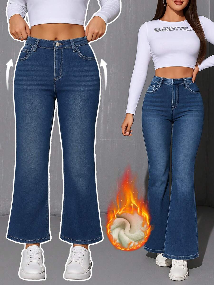 Damen Winter Warm Klassische Bootcut Jeans mit Whiskerring, bürotauglich und bequem für Reisen, Stretch Denim Hose - Blau - Übersicht 1