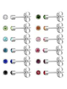 12 对耳洞耳钉，医用不锈钢多色诞生石耳钉，适用于穿耳枪 - 彩色 - 查看 1