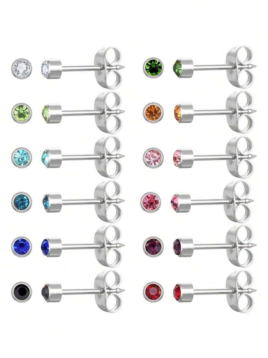 12 对耳洞耳钉，医用不锈钢多色诞生石耳钉，适用于穿耳枪 - 彩色 - 查看 1