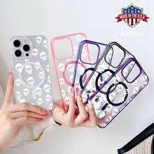 Phone Case For IPhone 16 Pro Max 16e 15 Plus 14 13 12 11 Heart Skull Pattern Non-Yellowing Matte Transparent Colorful Anti-Scratch Shockproof Pocket-Friendly Durable Magnetic Case With Charging Cellphone Cover Gift - Pink - View 4