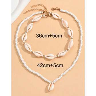2pcs/Set Women's Fashion Bohemian Style Mica Shell Pendant Necklace Set