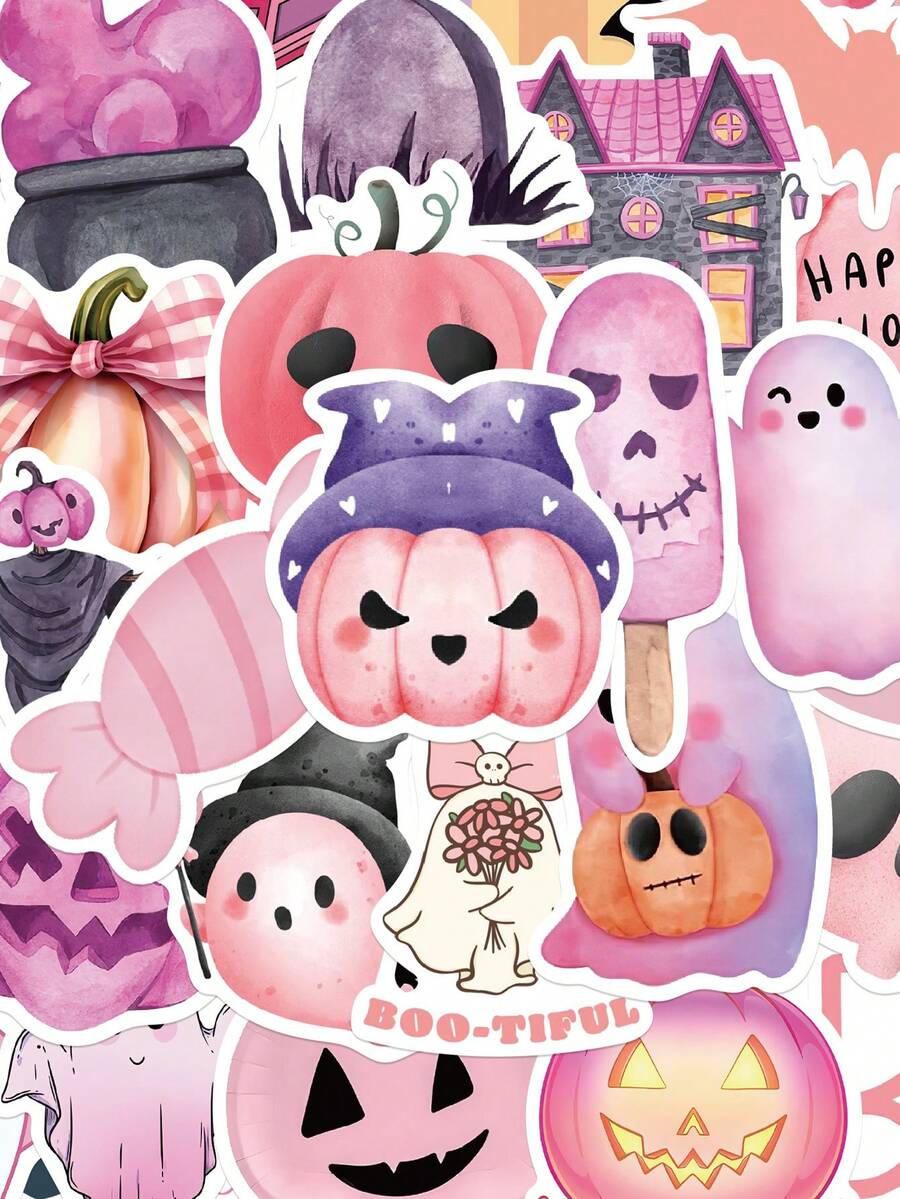 50pcs Pink Halloween Sticker Cartoon Pumpkin Decals For Laptop Luggage Computer Scrapbook Diary Phone Waterproof Sticker - Multicolor - View 1