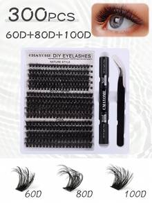 300PCS Fluffy Large Capacity Individual Lash Clusters, 10-16mm D Mix False Lash Clusters, DIY Eyelash Extension Set With Eyelash Glue, Makeup Remover, Tweezer, For Easy Apply Long Lasting At Home, Extension Kit, Clusters Kit, Lashes, Eyelashes, Fake Lashes