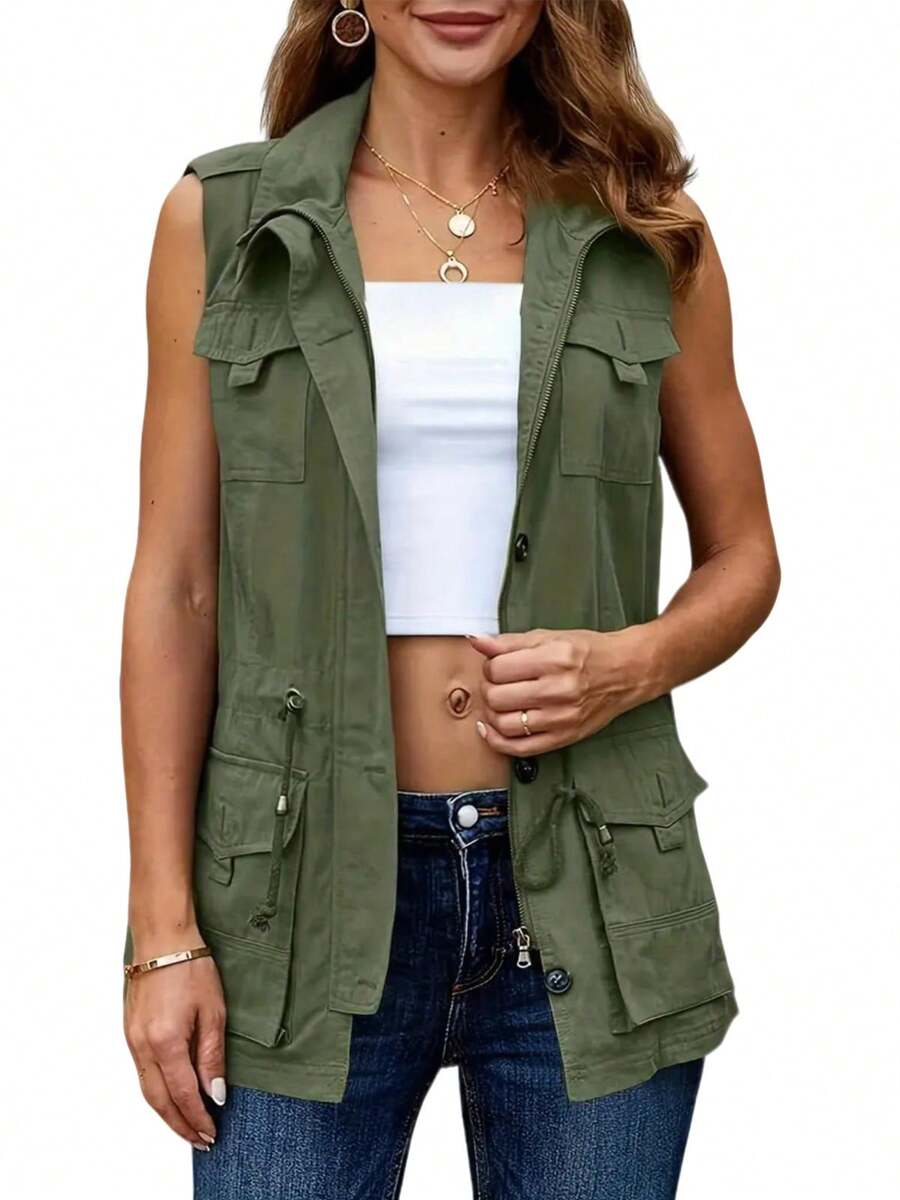 Women's Casual Military Utility Vest Lightweight Sleeveless Drawstring Jackets With Pockets - 軍綠色 - 查看 1