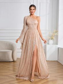 Elegantes einfarbiges sexy Rüschen Reißverschluss Hoch Schlitz Party Kleid, geeignet für Nachtausgehen, Hochzeit, Geburtstag, Jubiläum, Abschluss, Abschlussball