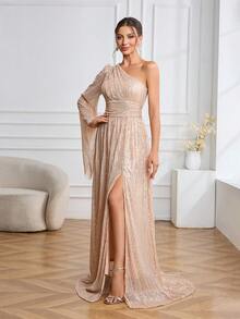 Elegantes einfarbiges sexy Rüschen Reißverschluss Hoch Schlitz Party Kleid, geeignet für Nachtausgehen, Hochzeit, Geburtstag, Jubiläum, Abschluss, Abschlussball