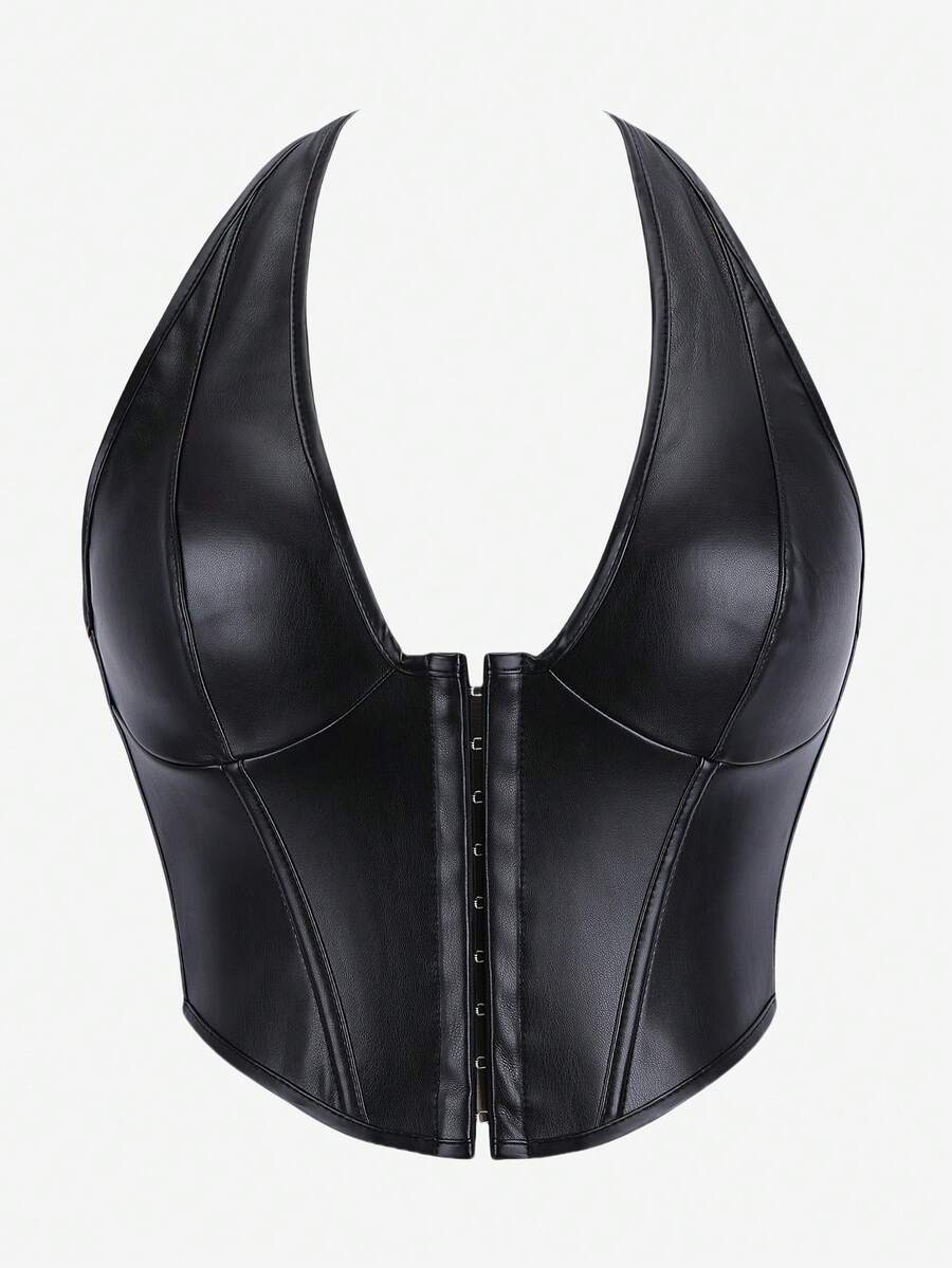 Solid Color Corset Top Women Spaghetti Strap Tight Strapless Bodysuit Deep V-Back Sexy Bustier Crop Top Outerwear Body Shaper - màu đen - Xem 1