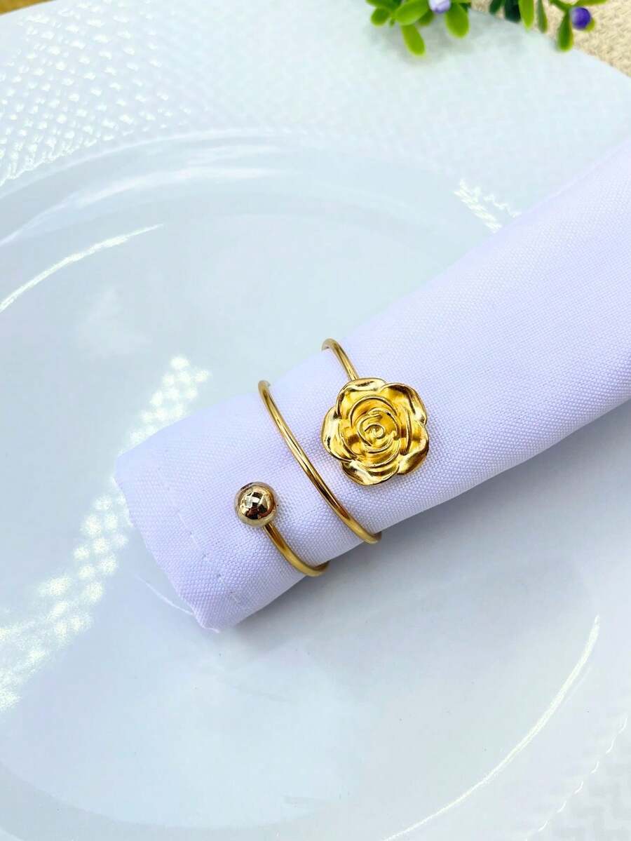 6 Or 12 Metallic Napkin Holders With Pearls And Flowers For Dinner Table Setting - Vàng - Xem 1