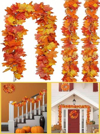 1.75m Thickened Encryption-Autumn Artificial Maple Leaf, Gorgeous Fall Garland Maple Leaf, Hanging Plants Greenery Decoration ,For Bedroom Home Wall Party Arch Apartment Room Decor,Perfect For Thanksgiving Decor, Home, Wedding, Fireplace, Halloween Decorations, Porch, Escalator Decorations,Fall Artificial Maple Leaf,Maple Leaf Banner