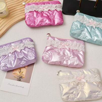 Lace Bow Embossed Clover Glossy Quilted Zipper Coin Purse Sweet Girl Style Portable Coin Pouch For Women Wallet Mini Wallet Purse Wallet Wristlet Wallet Coin Wallet
