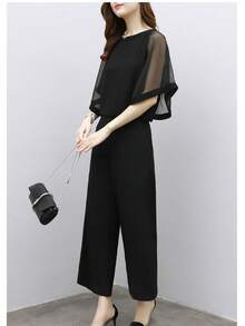 Conjunto de pantalones Lady xiaoxiangfeng moda casual verano gasa suéter de chifón estilo extranjero dos conjuntos de mujeres - Negro - Ver 4