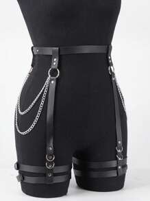 L1pcs Ladies Black Pu Leather Chain Belt Punk Fashion Bundle Garter Party Wear With Accessories Harness For Women