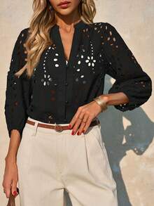 Womens Eyelet Blouse Deep V Neck 3/4 Balloon Sleeve Cotton Button Down Shirt - 黑色 - 查看 2