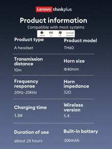 Lenovo 联想 TH60 蓝牙耳机，配备 ANC 智能降噪、5.4 环绕声、高品质音频、低延迟、长电池寿命、清晰通话，适用于音乐、游戏、智能手机和电脑，有线/无线连接 - 灰色 - 查看 10