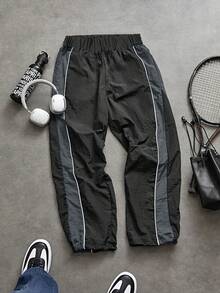 1pc Boy & Young Teen Casual Plain Straight Leg Personalized Style Hiphop Sport Pants - Black - View 3