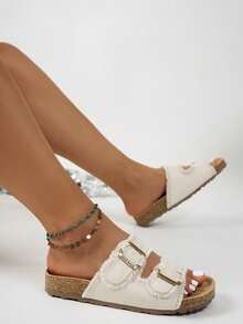 Wide Fit Summer New Comfortable Flat Non-Slip Beach Sandals, Casual Metal Buckle Fashion Versatile Open Toe Thick Sole Slides - Beige - View 4