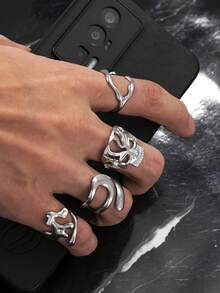 4件套不锈钢Y2K复古极简开口戒指套装，尺寸可调节，男士礼物，适合送给男友、丈夫、儿子，日常佩戴 - 銀色 - 查看 2