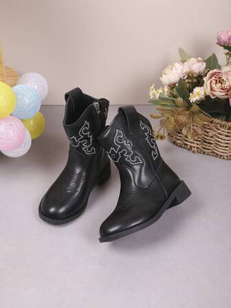 1 Pair Children's Fashion Casual Cowboy Boots, Children's Autumn/Winter Embroidered Mid-Calf Retro Boots, Children's V-Cut Thick Leg Short Boots
