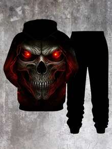 Set da 2 pezzi di tuta casual da uomo con cappuccio e pantaloni lunghi, con stampa tridimensionale a teschio, per l'autunno e l'inverno, adatto per l'uso all'aperto e per lo stile di strada