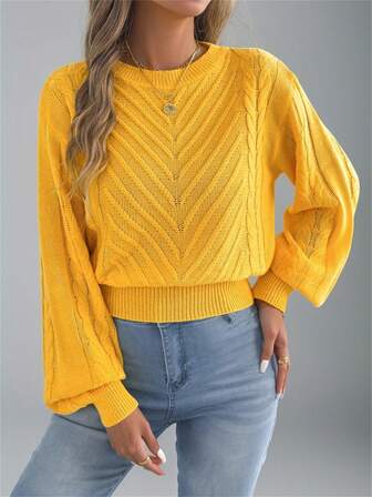 女式圆领纯色腰部收紧休闲长袖套头衫，秋冬