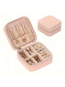 1 pieza Caja de almacenamiento de joyas de gran capacidad, caja de joyas de viaje, caja de almacenamiento de múltiples compartimentos, adecuada para collares, anillos, aretes, pulseras, materiales de PU, esencial para la temporada de regreso a clases y regalos navideños. - multicolor - Ver 13