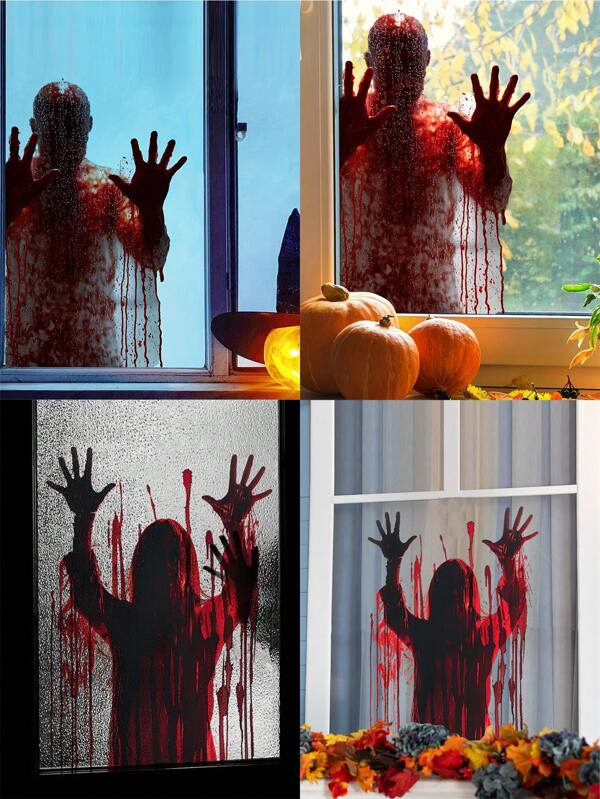 1 pieza Nuevos Adhesivos de Ventana Ensangrentados de Zombi de Halloween, Pegatinas de Ventana Espeluznantes de Halloween Autoadhesivas con Siluetas Espeluznantes de Halloween para Decoración de Fiestas de Halloween Interiores y Exteriores