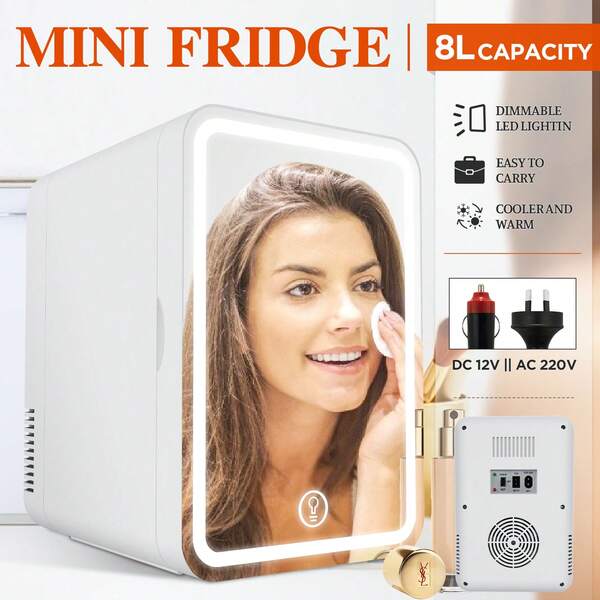 Advwin Advwin Mini Refrigerator And Personal Beauty Fridge, Mirrored Door With Dimmable LED Light, For All Cosmetics And Skincare Needs, 8-Liter, White