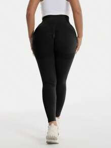 TNTOR 加大码高腰提臀健身紧身裤，女式深蹲瑜伽裤，高弹力速干紧身运动裤，蜜桃臀高腰设计，收腹，适合锻炼、运动、骑自行车 - 黑色 - 查看 7