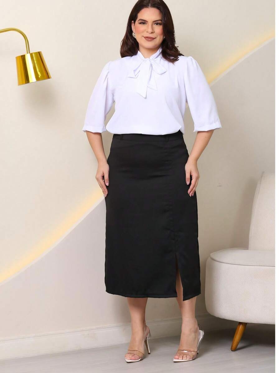 SKIRT OFFICE TAILORING SIDE SLIT EXECUTIVE MODEST FASHION - 黑色 - 查看 1