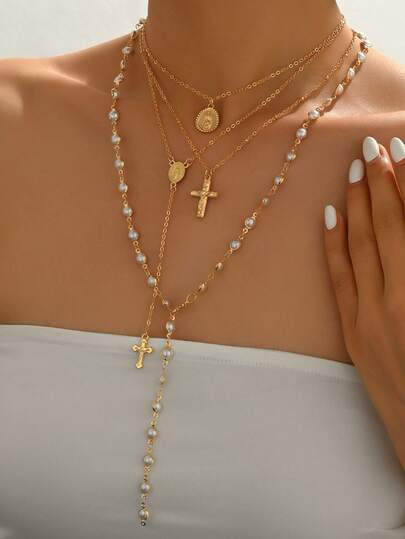 4個セット ヴィンテージ調金属製 ジーザスクロス&Y字型フェイクパールレイヤードロングネックレス、ファッションステートメントジュエリーセット、デイリーウェア、旅行、パーティー、ミュージックフェスに最適