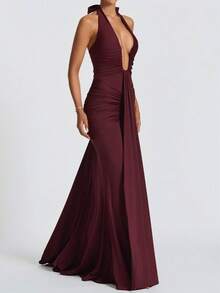 红色深V领露背紧身派对夜店连衣裙，优雅独特的冬季圣诞礼服，适合婚礼和春季穿着。 - 酒紅色 - 查看 2