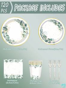 120pcs Eucalyptus Leaf Tableware Set Gift Pack: Paper Plate (350g Thick Paper), Tissues, Paper Cup, Fork, With Exquisite Design, Featuring Eucalyptus Leaf Green And Shiny Gold, And Vivid Eucalyptus Tree Patterns. The Green Round Paper Plate Will Add A Fresh Touch To Your Dining Table Setting. It Can Be Used By 24 People - Multicolor - View 2