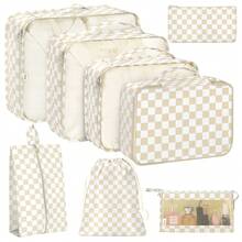 8 Set Travel Storage Bag, Packing Cubes Travel, Portable Clothes Packing Cube, Lightweight Suitcase Luggage Organizer & Shoes Underwear Holder, Ultra-Lightweight, Waterproof, Packing Cubes For Suitcase For Efficiently Organizing Clothes, Shoes, Makeup, And Accessories - Kaki kẻ caro - Xem 1