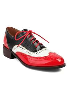 Women's Pointed Toe Lace-Up Brogue Pumps Fashion Mixed Colors Patchwork Block Chunky Heel British Style Flat Oxford Shoes - 紅色 - 查看 5