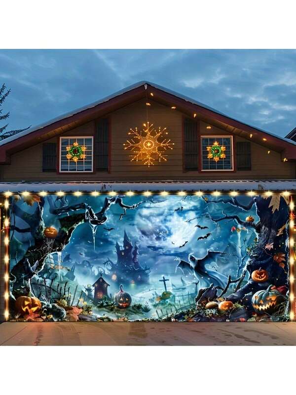 2D Banner 1pc Halloween Garagedeur Banner - Met Kasteel-, Pompoen-, Vleermuis- en Spookpatronen | Buitendecoratie Geschikt Voor Feesten En Vieringen