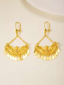 1 Pair Vintage Elegant Long Earrings With Coin & Tassel Pendant, Perfect Gift For Women For Everyday, Holiday And Party Wear