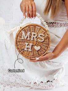 定制名字，珍珠装饰迷你沙滩草编包——完美新娘，理想的婚礼珍宝，新娘的礼物，单身女生的最爱！ - 彩色 - 查看 1