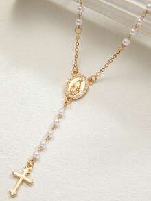 1pc Retro Alloy Cross Pendant, Faux Pearl String, Y-Shaped Chain, Adjustable Ladies' Necklace - Gold - View 2