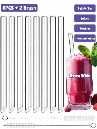 8 st. återanvändbara Boba-sugrör i glas med vinklad spets och rengöringsborstar, 14 mm extra breda glassugarrör, vinklad spets, krossresistent, klar jumboform för bubbelte, milkshakes och smoothies, raka med rengöringsborstar, extra breda transparenta sugrör
