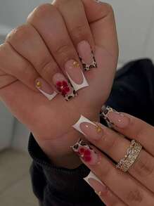 提升您的风格，24 件长方形指甲花朵图案豹纹白色法式指甲尖按压指甲中等贴合完美亚克力假指甲套装，包含：1 件果冻胶和 1 件指甲锉，秋季指甲，适合女士和女孩日常生活和派对使用指甲用品指甲 - 彩色 - 查看 1