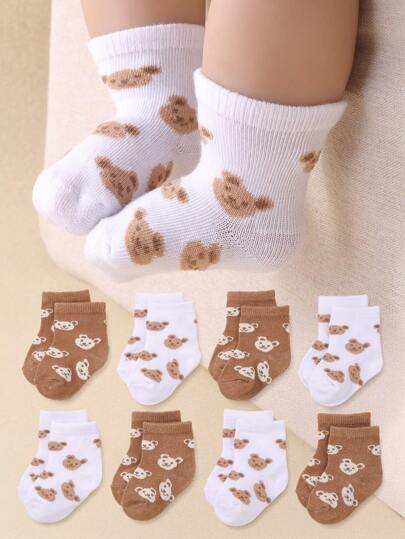 8 Pairs Cute Bear Pattern Knee-High Socks With Autumn Color Palette For Babies & Kids - Skin-Friendly, Soft, Comfortable, & Versatile. Autumn New Arrivals, Baby Socks Ideal For All-Season Daily Wear, Festival Gifts, Travel & Back-To-School Outfits
