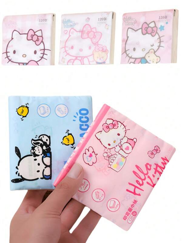 Sanrio 120 hojas/página Pañuelos portátiles con estampado de Hello Kitty, pañuelos de papel de pulpa de madera, adecuados para el hogar, la oficina, fiestas, productos maternales e infantiles, accesorios de viaje, regalos festivos y artículos de uso diario del hogar