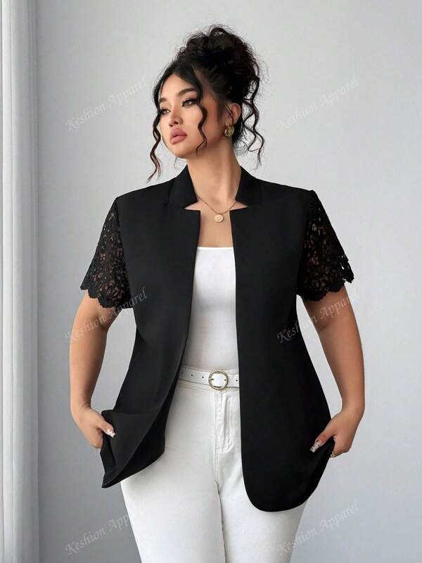 Plus-size dames casual kant patchwork blazerjasje met korte mouwen, geschikt voor de start van het schooljaar, lerarendag, dagelijks gebruik, lichte zakelijke casual, herfst