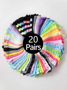 20 双儿童短袜：糖果色、蕾丝蝴蝶结、心形图案、条纹、柔软、舒适、休闲、百搭、学生踝袜 - 适合日常使用，随机混色
