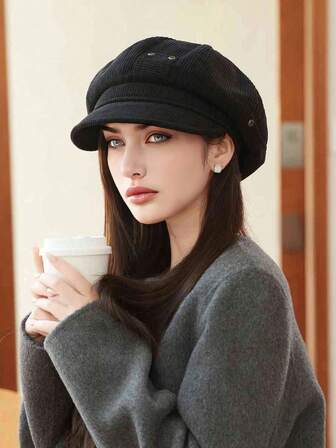 1pc Women's Autumn/Winter Octagonal Hat, Large Circumference Beret Cap, Casual Versatile Newsboy Hat Suitable For Daily Wear, Gatherings, Shopping