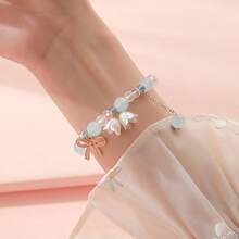 1PC Sweet Lily Bead Elastic Bracelet - Floral Charm Gradient Bead Bow Pendant, Adjustable Buckle, Cute Birthday Gift, Student's First Choice, Best Friend Accessory, Casual Wristband, Friendship Accessory, Simple Design, Exquisite Craftsmanship, Pearl Embellishment - 粉色 - 查看 7