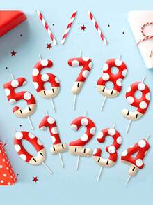Red Cartoon Mushroom Themed 0-9 Number Birthday Party Cake Decorative Candles - Multicolor - View 3